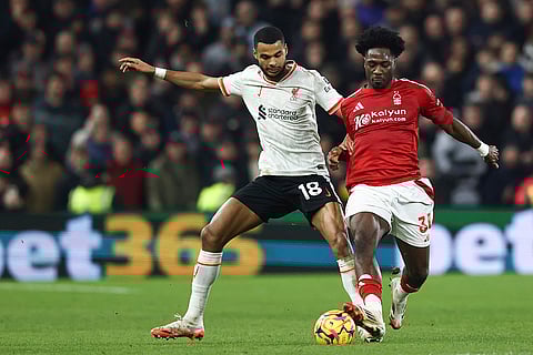 EPL 2024-25: Liverpool's Cody Gakpo duels for the ball with Nottingham Forest's Ola Aina