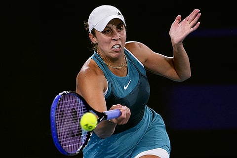 Australian Open 2025: Madison Keys plays a forehand return to Elena-Gabriela Ruse
