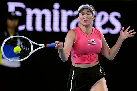 Australian Open 2025: Danielle Collins plays a forehand return to Destanee Aiava