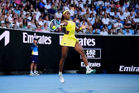 Australian Open 2025: Coco Gauff plays a forehand return to Leylah Fernandez