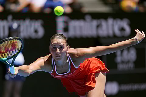 Australian Open 2025: Marta Kostyuk plays a forehand return to Paula Badosa