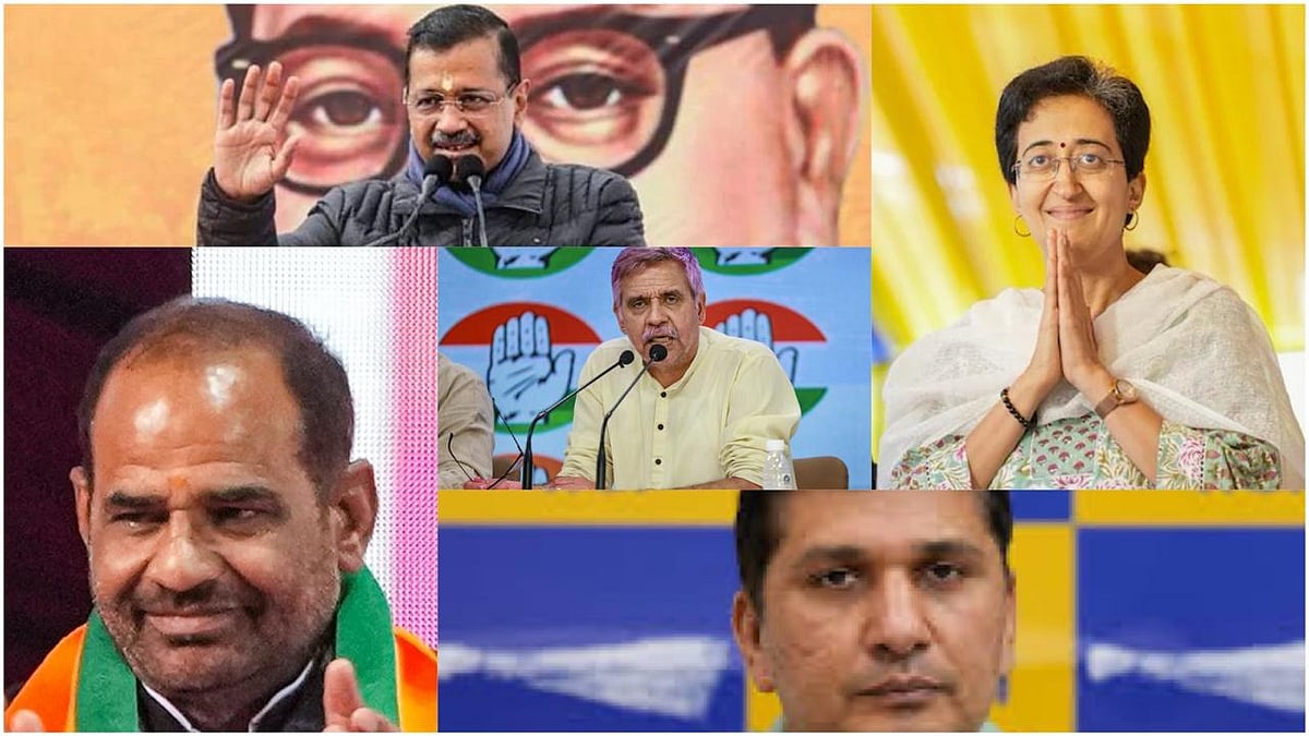 PTI : Delhi Elections 2025: (clockwise) Arvind Kejriwal, Atishi, Saurabh Bharadwaj, Ramesh Bidhuri, Sandeep Dixit