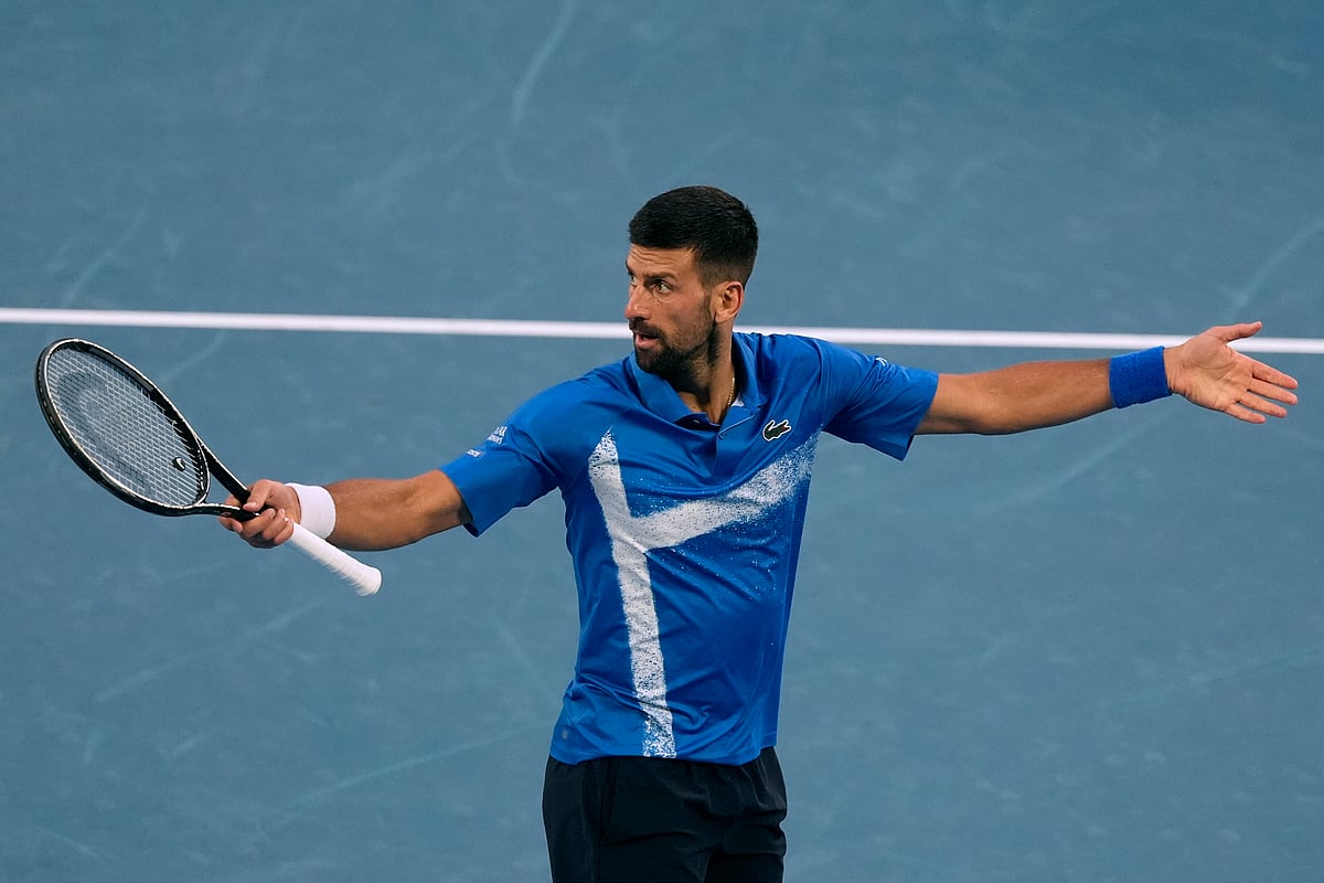 (AP Photo/Asanka Brendon Ratnayake)
 : Novak Djokovic of Serbia gestures during his third round match against Tomas Machac of the Czech Republic during their third round match at the Australian Open tennis championship in Melbourne, Australia, Friday, Jan. 17, 2025. 
