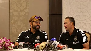 File/PTI : Indian skipper Rohit Sharma (left) with chief selector Ajit Agarkar.