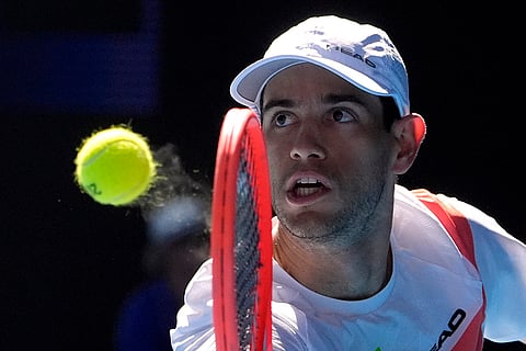 Australian Open 2025: Nuno Borges plays a backhand return to Carlos Alcaraz