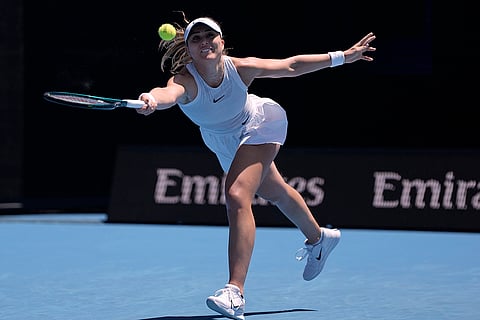 Australian Open 2025: Paula Badosa plays a forehand return to Marta Kostyuk