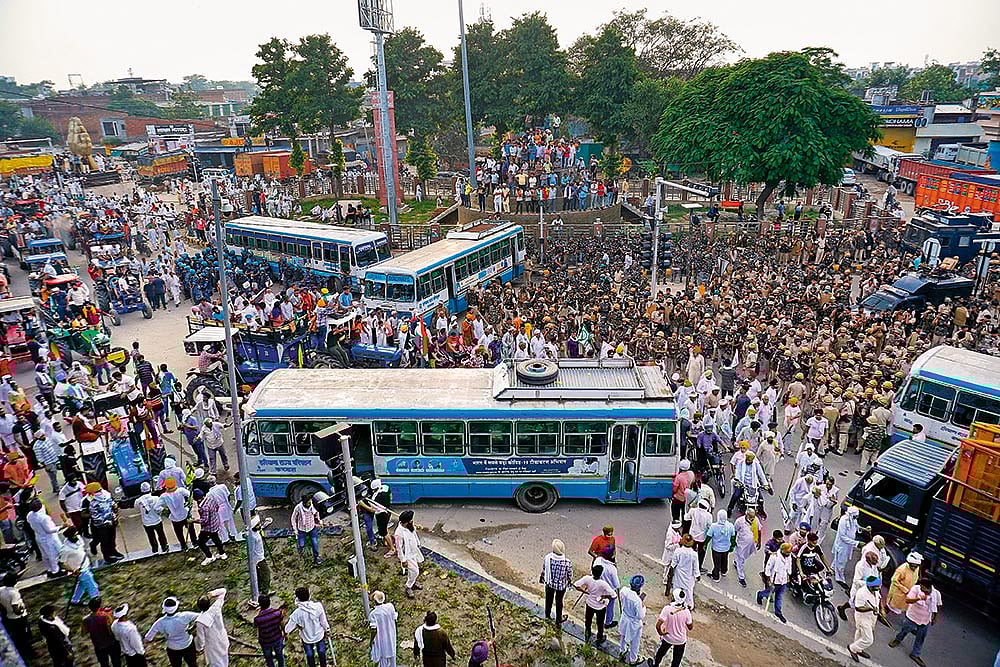 | Photo: Mayank Makhija : Farmers participate in a demonstration march as part of their nationwide protest against farm laws at Karnal in Haryana