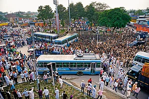 | Photo: Mayank Makhija : Farmers participate in a demonstration march as part of their nationwide protest against farm laws at Karnal in Haryana