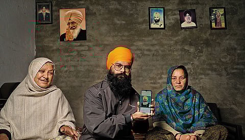 All That’s Left Behind: (Left to Right) The mother, son and wife of Resham Singh, the farmer who died by suicide at the Shambhu border recently