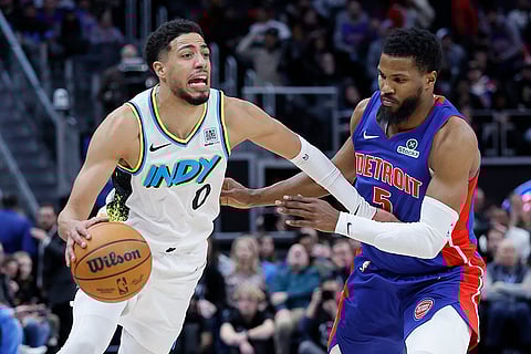 NBA 2024-25: Pacers guard Tyrese Haliburton (0) drives against Pistons guard Malik Beasley