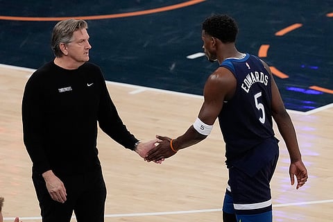 NBA 2024-25: Timberwolves head coach Chris Finch greets Anthony Edwards
