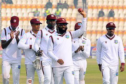 PAK vs WI 1st Test Day 3: West Indies Jomel Warrican raises the ball to acknowledge the crowd