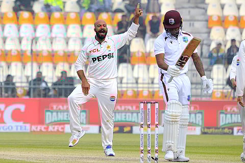 PAK vs WI 1st Test Day 3: Pakistan's Sajid Khan celebrates after taking the wicket of West Indies Keacy Carty