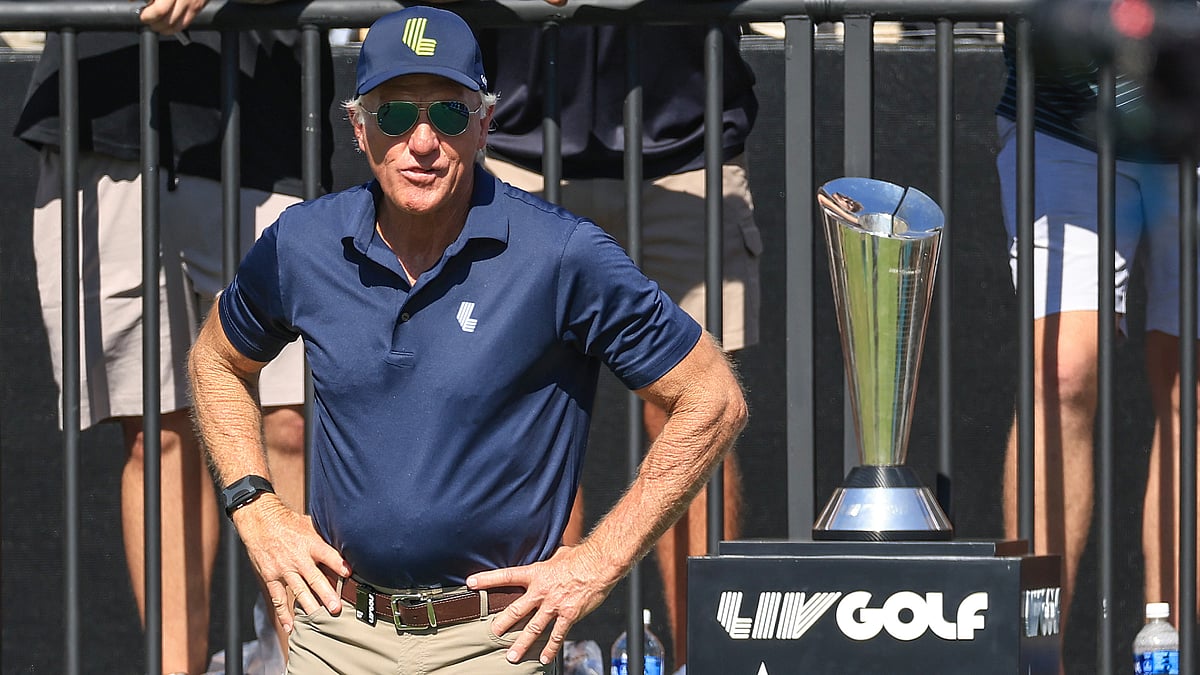 Greg Norman pictured at a LIV event in Dallas last September