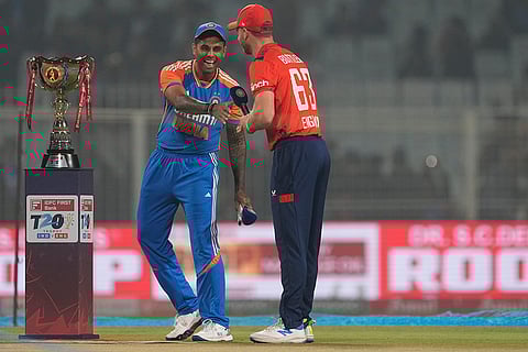 IND vs ENG 1st T20: Suryakumar Yadav, left, greets Jos Buttler