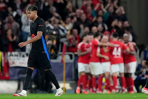 Champions League 2024–25: Lamine Yamal reacts as Benfica players celebrate their third goal