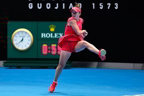 Australian Open 2025: Elina Svitolina plays a forehand return to Madison Keys