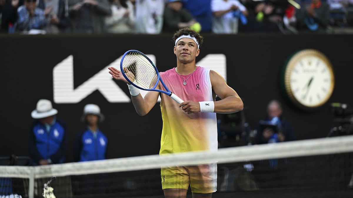Ben Shelton celebrates his win over  Lorenzo Sonego at the Australian Open