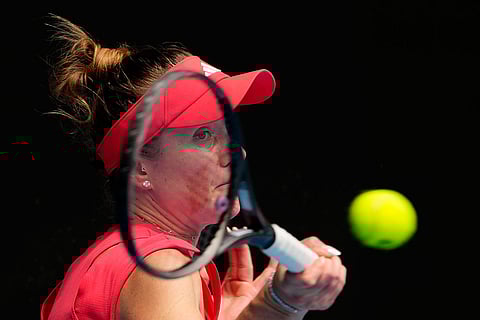 Australian Open 2025: Elina Svitolina plays a forehand return to Madison Keys