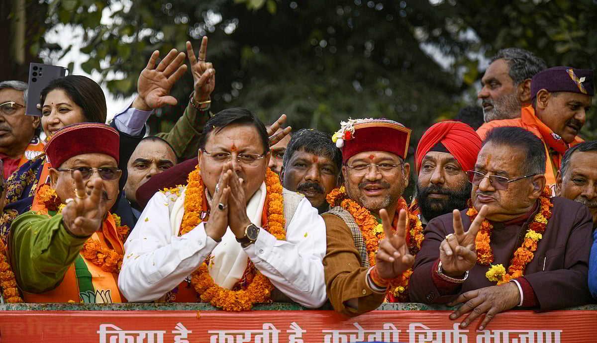 PTI : Uttarakhand Chief Minister Pushkar Singh Dhami during a roadshow ahead of the municipal elections, in Dehradun, Uttarakhand, Tuesday, Jan. 21, 2025. 