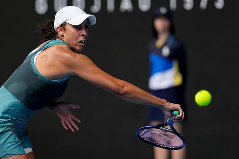 Australian Open Tennis quarterfinal: Madison Keys plays a backhand return to Elina Svitolina