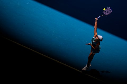 Australian Open Tennis quarterfinal: Madison Keys serves to Elina Svitolina