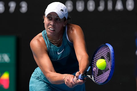 Australian Open Tennis quarterfinal: Madison Keys plays a backhand return to Elina Svitolina