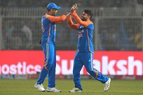 IND vs ENG 1st T20: India's Rinku Singh celebrates with captain Suryakumar Yadav after the dismissal of Ben Duckett