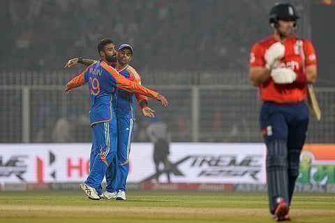 IND vs ENG 1st T20: Varun Chakravarthy celebrates with Suryakumar Yadav after the dismissal of Liam Livingstone