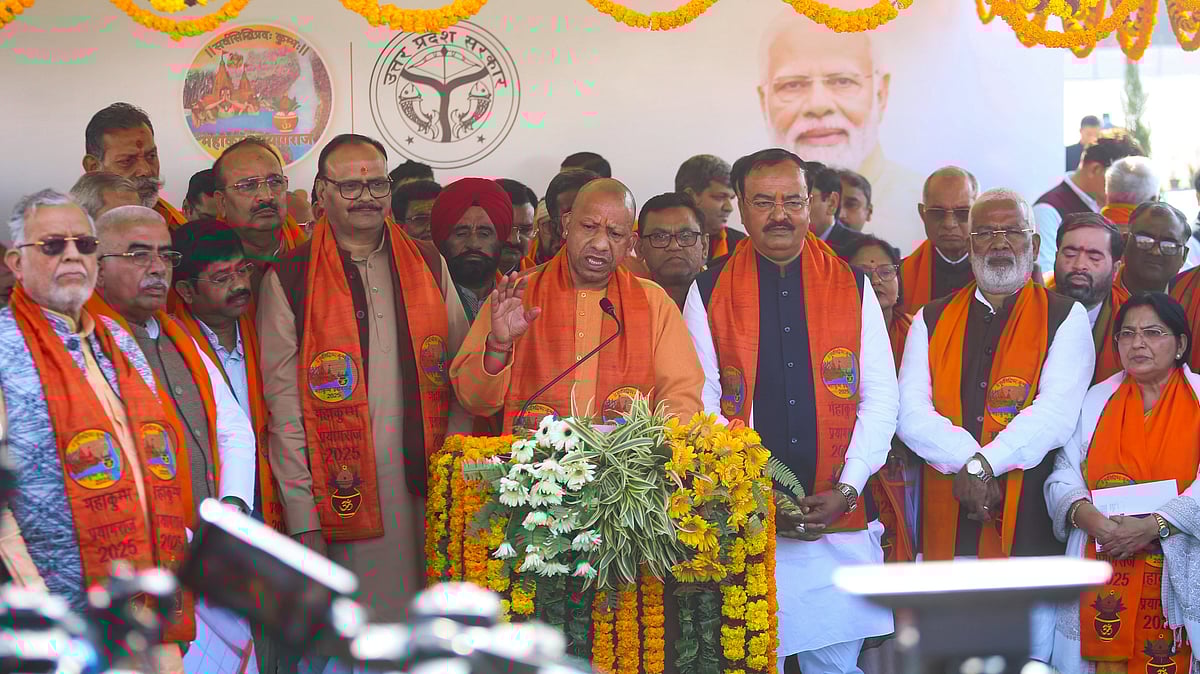 PTI : Uttar Pradesh Chief Minister Yogi Adityanath with Dy CMs Keshav Prasad Maurya and Brajesh Pathak speaks to the media after a Cabinet meeting held at Triveni Complex during Mahakumbh Mela, in Prayagraj, Wednesday, Jan. 22, 2025. 