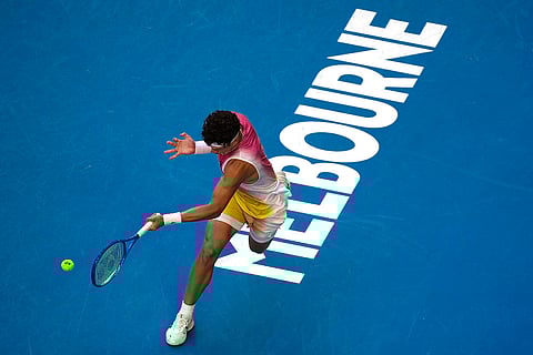 Australian Open 2025: Ben Shelton plays a forehand to Lorenzo Sonego