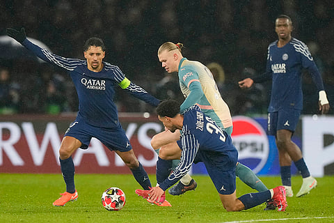 Champions League 2024-25: Man City's Erling Haaland is closed down by PSG's Marquinhos and Warren Zaire-Emery