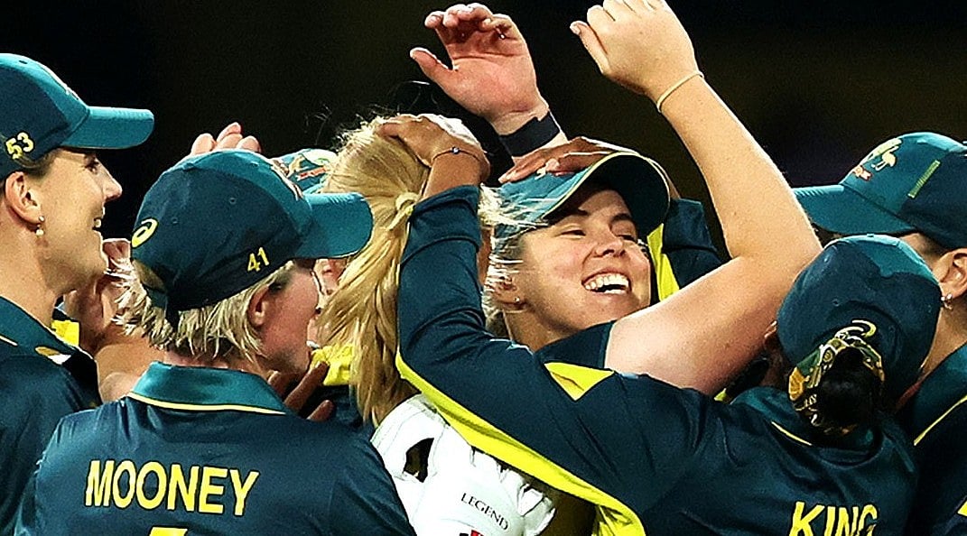 Photo: X | Australia Women's Cricket Team : Australia women's cricket team during a celebration after a wicket.