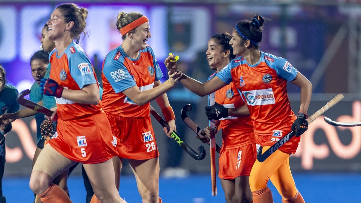 Hockey India : Delhi SG Pipers celebrate a goal during the Women's Hockey India League.