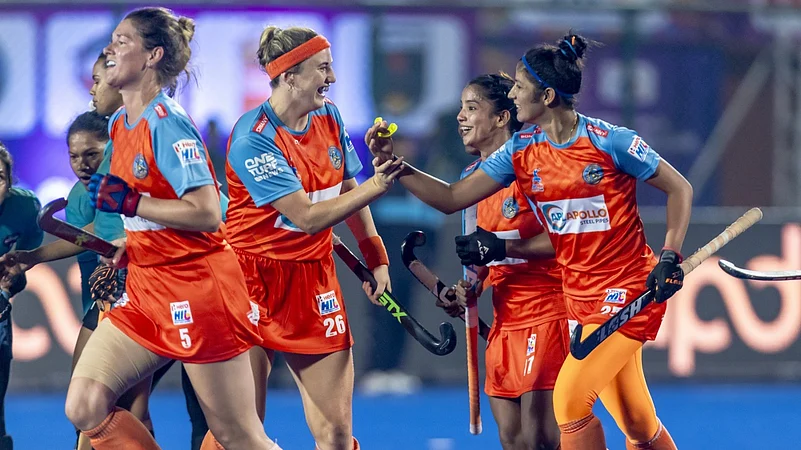 Delhi SG Pipers celebrate a goal during the Womens Hockey India League.
