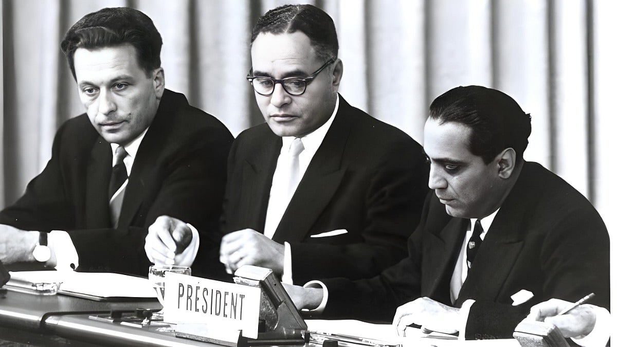 At the closing session of the International Conference on the Peaceful Uses of Atomic Energy (opened on 8 August) are (left to right): Ilya S. Tchernychev, Dr. Ralph J. Bunche, and Dr. Homi J. Bhabha (India), Conference President