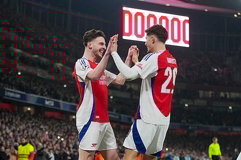 Champions League 2024-25: Arsenal's Declan Rice celebrates after scoring his side's opening goal