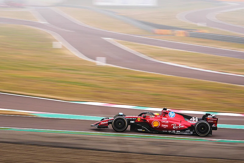 Lewis Hamilton test drives Ferrari Formula One SF-23 at the Ferrari private track, Italy_3