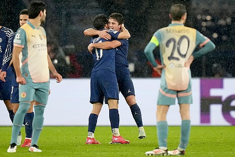Champions League 2024-25: PSG's Joao Neves celebrates with Vitinha after scoring his side's third goal