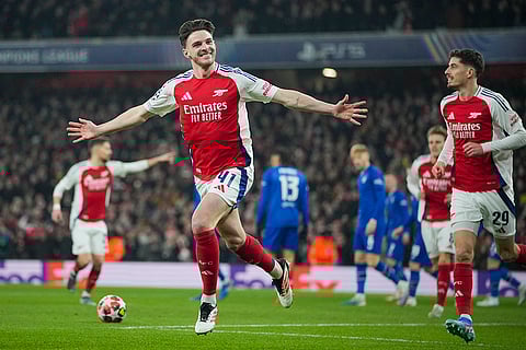 Champions League 2024-25: Arsenal's Declan Rice celebrates after scoring his side's opening goal