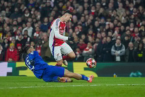 Champions League 2024-25: Arsenal's Gabriel Martinelli is tackled by Dinamo's Samy Mmaee