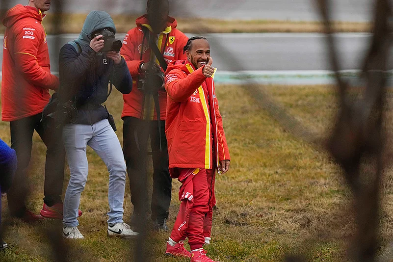 Lewis Hamilton test drives Ferrari Formula One SF-23 at the Ferrari private track, Italy_7