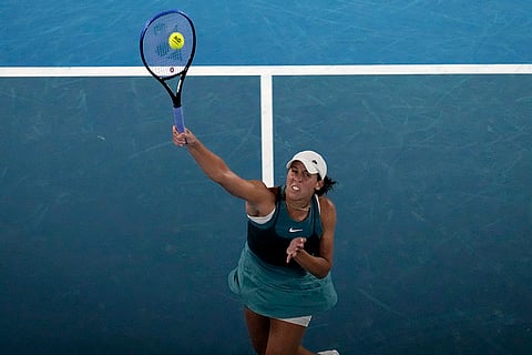 AUS Open 2025 Women's Singles Semi-final: Madison Keys plays a forehand return to Iga Swiatek