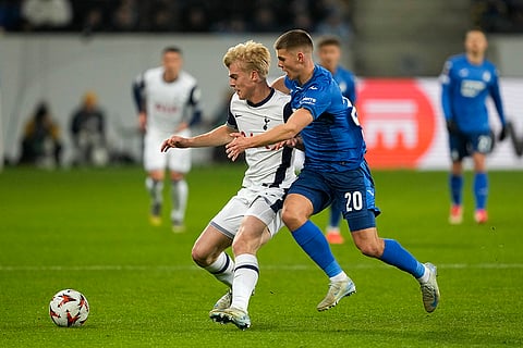 Europa League 2024-25: Lucas Bergvall, left, challenges for the ball with Finn Ole Becker