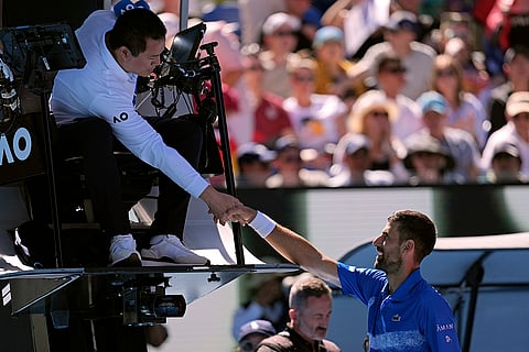 AUS Open 2025 Men's Singles Semi-final: Novak Djokovic shakes hands with chair umpire James Keothavong