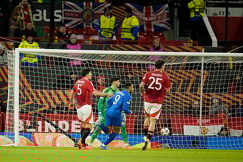 Europa League 2024-25: Rangers' Cyriel Dessers, centre, scores his side's first goal