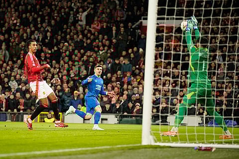 Europa League 2024-25: Altay Bayindir, right, saves a shot by Rangers' Ridvan Yilmaz
