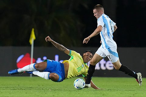 U-20 South American Championship: Brazil's Iago and Argentina's Franco Mastantuono fight for the ball 