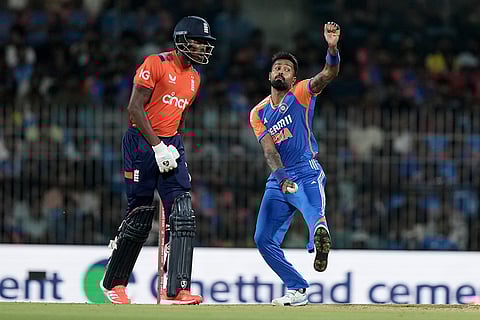 IND vs ENG 2nd T20: India's Hardik Pandya, right, bowls a delivery