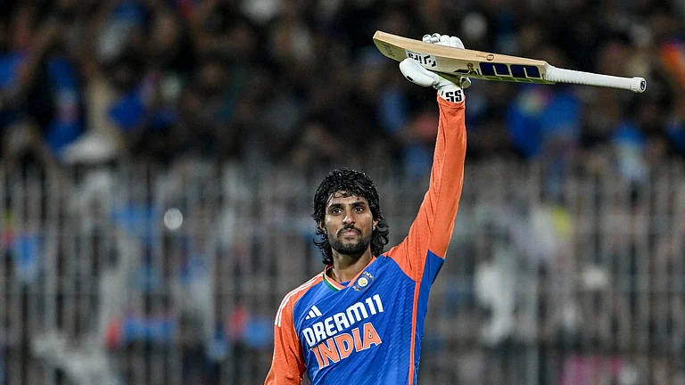 Tilak Varma celebrates for India on Saturday - null